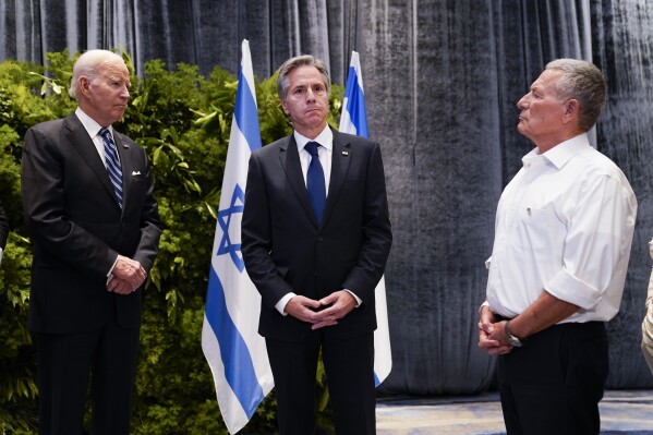 President Biden with Secretary of State Antony Blinken and Secretary of Defense Lloyd Austin at congressional hearing on financial backing to global allies.